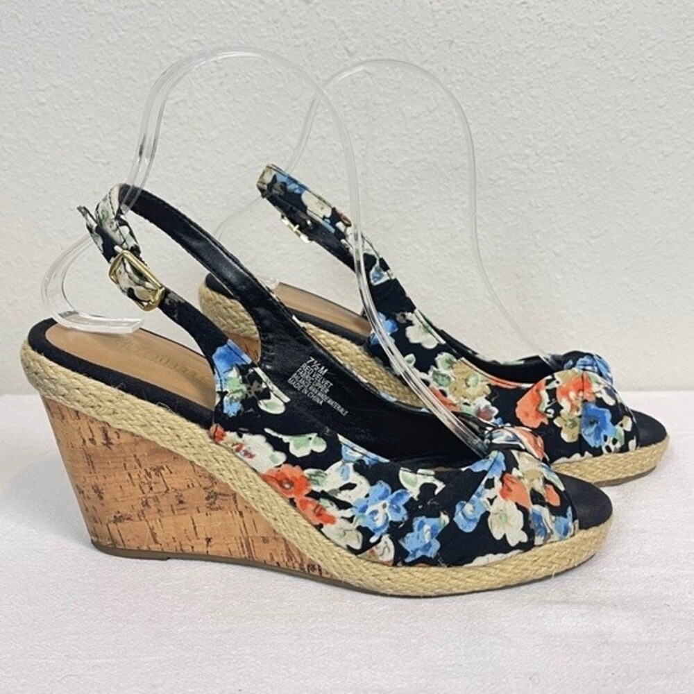 Seychelles Black Floral Cork Wedge Sling-back Sandals 7.5